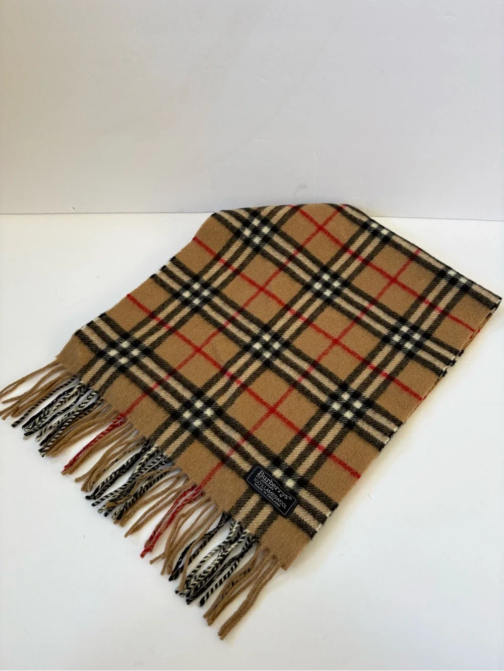 Burberrys VNTG Classic Nova Check Beige Scarf Fringe Unisex Lambswool Academia